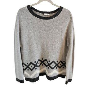 J. Jill Woman Size L  Loose Knit Grey Sweater Geometric Trim Mohair Wool blend